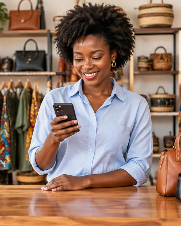 A smiling boutique owner checking her phone at the counter, with handbags and printed fabrics behind her